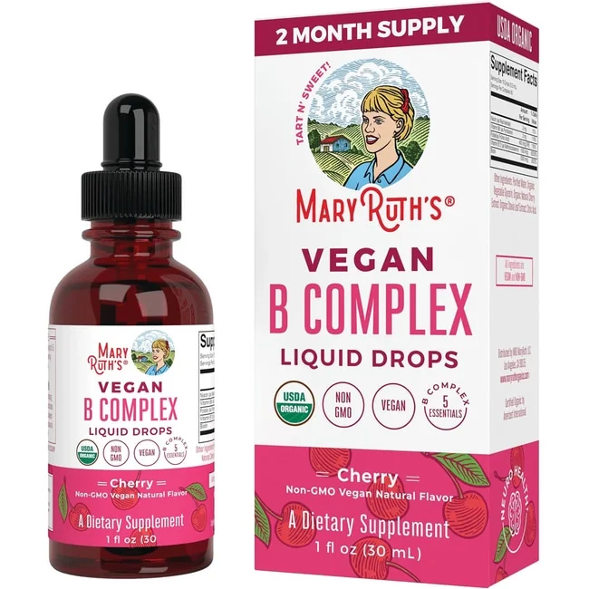 MaryRuth Organics | USDA Organic Vegan Vitamin B Complex Liquid Drops | Cherry Flavor | Vegan, Non-GMO | 1 fl oz / 30 ml