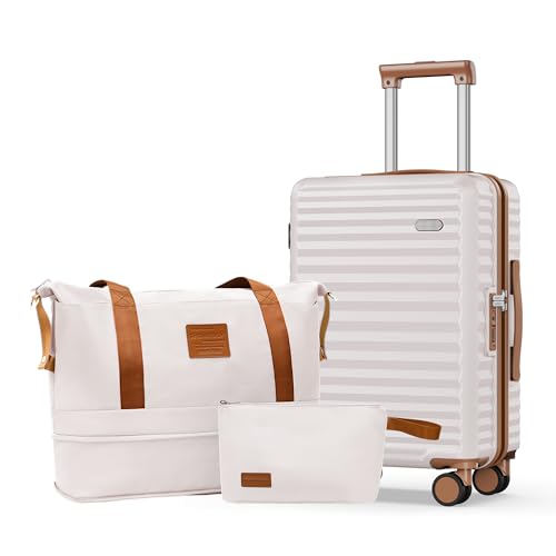 SHOWKOO Luggage Sets 3 Piece Hardside Expandable Suitcase with Double Spinner Wheels Tsa Lock, (Beige White, 5 piece set)