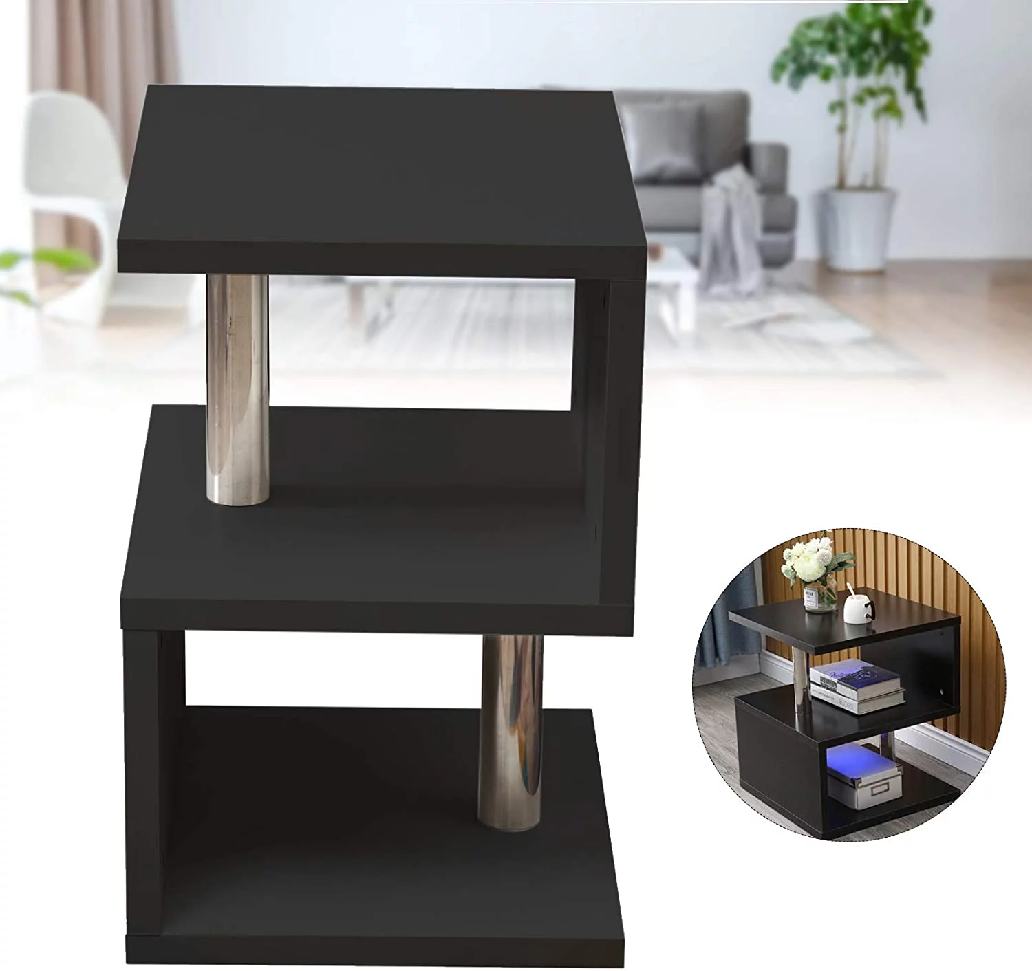 Modern 3Tier S-shaped Sofa Side End Table Furniture LED High Gloss Coffee Table Black