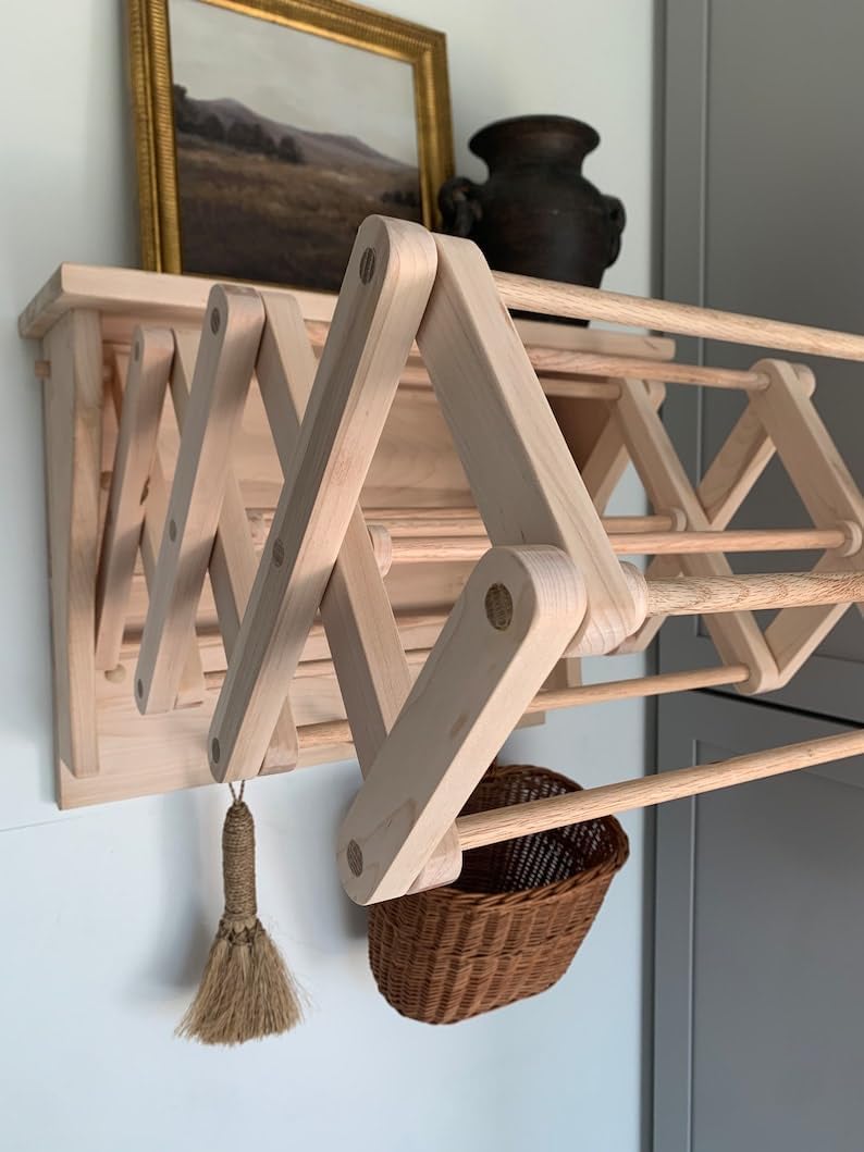 Handmade Wooden Shelf Wall Mounted Clothing Drying Rack COLLAPSABLE with Peg Hooks 21” x 16”