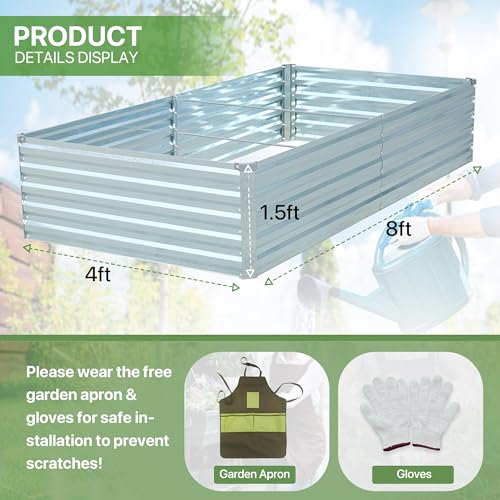 Raised Garden Bed 8x4x1.5FT Galvanized Raised Garden Beds Outdoor for Vegetables Gardening - Raised Flowers Bed 18inch Garden Bed Metal Deep Planter Raised Beds with Apron & Gloves-Galvanized