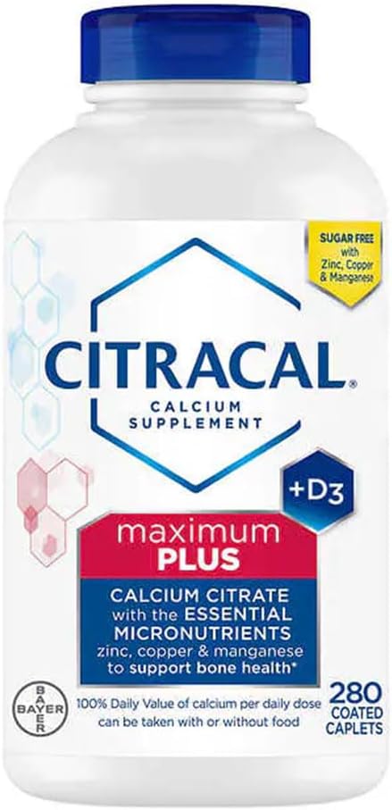 Maximum Plus Citracal, Highly Soluble, Easily Digested, 630 mg Calcium Citrate with 1000 IU Vitamin D3, Bone Health Supplement for Adults, Caplets, 280 Count (Pack of 1)