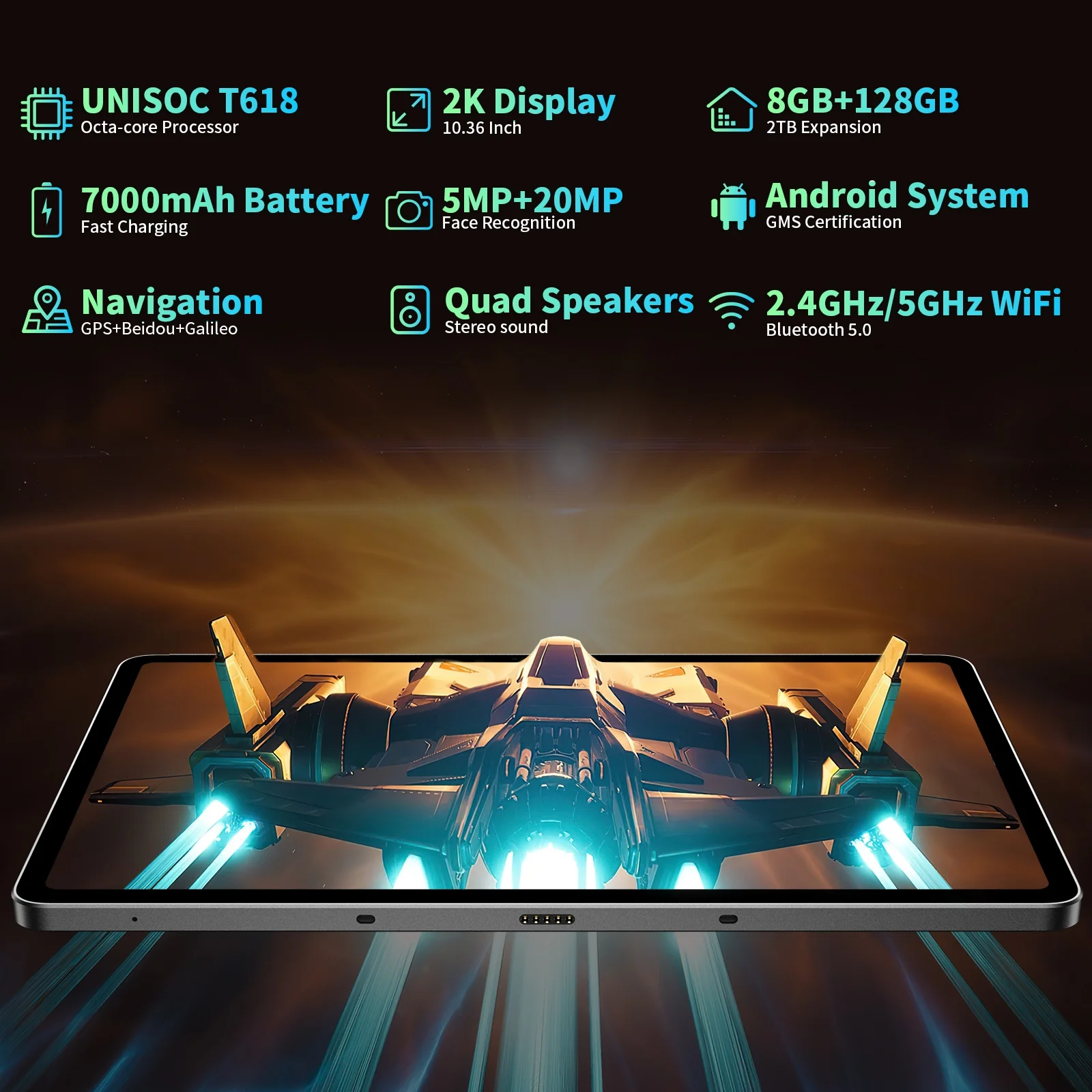 Headwolf Android Tablet with Keyboard, FHD 2K Display 10.4 Inch 2 in 1 Tablet, Octa Core Gaming Tablet with Case Mouse Stylus, 7000mAh Battery Fast Charge, 20MP Camera, 2024 Latest 2.4G/5G WiFi Tablet