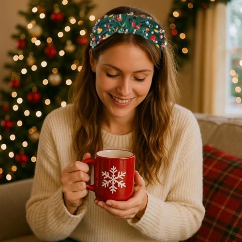 2 Pack Christmas Headband for Women Pearl Rhinestone Crystal Jeweled Xmas Flower Embellished Ladies Wide Top Knot Red Green Makeup Hair Hoop Accessory Holiday Party Costume Decor Prezzie