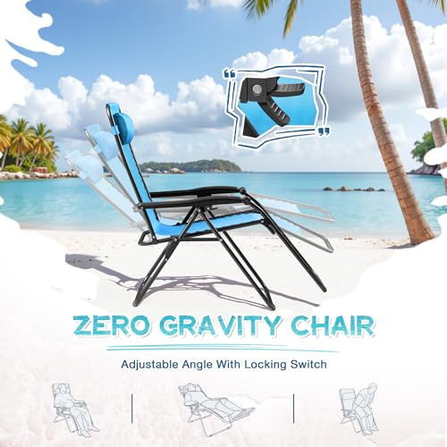 Greesum Zero Gravity Chairs Set of 2 Adjustable Steel Mesh Recliners Beach Deck Lawn Camping Patio Foldable Lounge Chair with Cup Holder Trays and Pillows,Brown