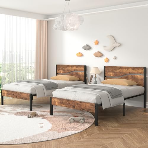 VECELO 2 Set Twin Bed Frame with Wood Storage Headboard & Footboard, Heavy Duty Metal Platform, Large Under Bed Storage, Noise-Free, No Box Spring Needed, Easy Assembly, Rustic Brown