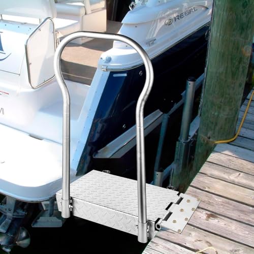Folding Boat Boarding Platform with Handrail 500LBs Load Dock Step Dock Extension Ramp to Step Up Down Non-Slip Heavy Duty Steel rustproof with Safety Handle Grab Bar for Boat Lifts Marina Dock Deck