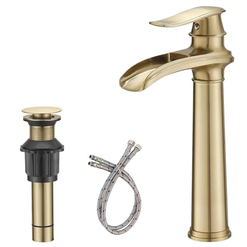 Bathroom Vessel Sink Faucet, Waterfall Oil Rubbed Bronze Bathroom Faucet, Vessel Faucet, Tall Body 1 Hole Single Handle with Pop Up Drain Combo Vanity Mixer Tap Basin Bowl Sink