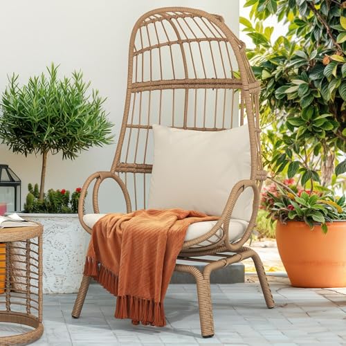DWVO Egg Chair with Ottoman Outdoor, 370lbs Capacity Wicker Patio Glider Basket Chair with Footrest, All-Weather Small Egg Lounger Chair for Indoor Outside, Beige