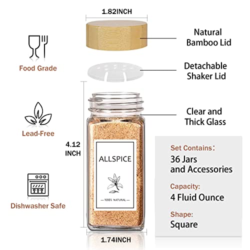 Spice Jars with Lable, 48 Pcs 4 oz Glass Spice Jars with Bamboo Lids, Spice Containers Bottles, Glass Seasoning Jars with Shaker Lids, Collapsible Funnel, for Spice Racks, Pantry,Cupboard
