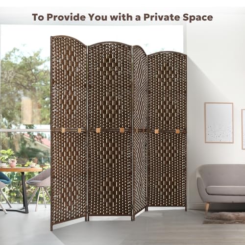 JOSTYLE Folding Privacy Room Divider, 4 Panel Screen Divider 6 ft. Tall Freestanding Extra Wide Rattan Room Partition Wall Separation Dividers, Grey