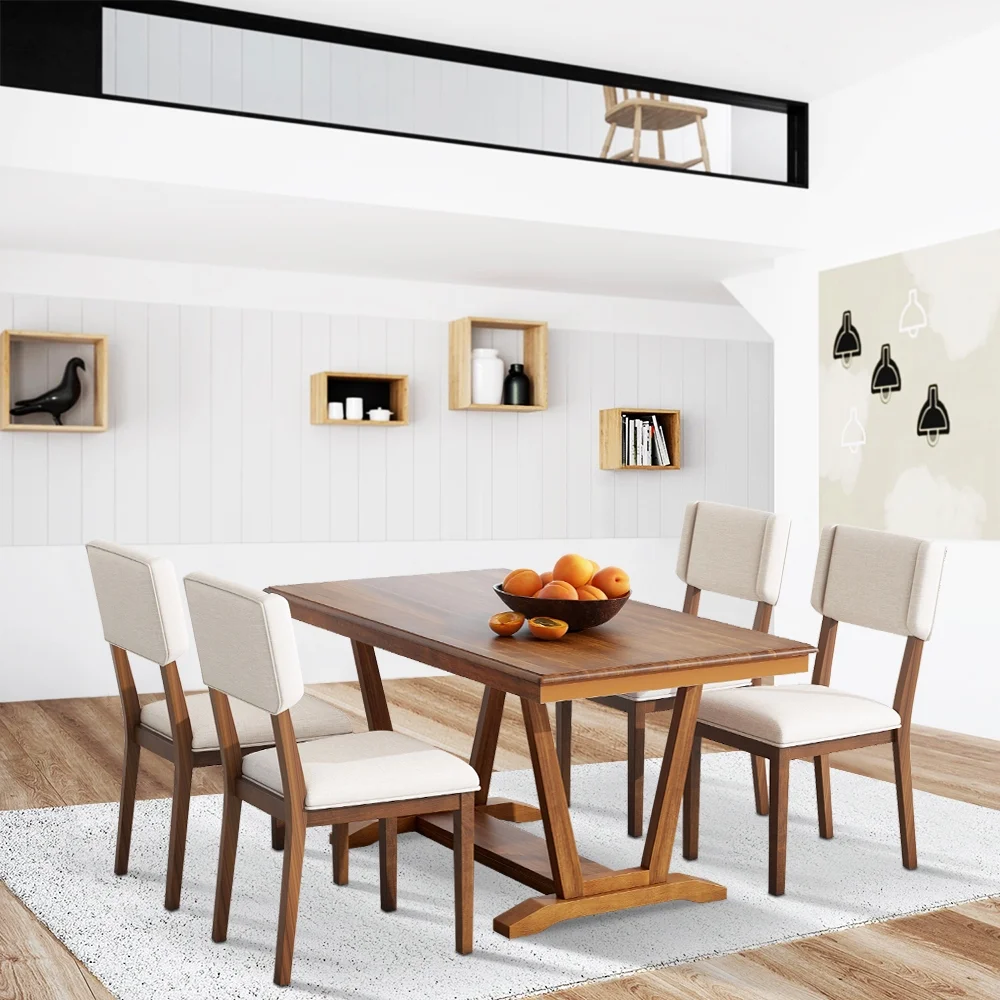 5 Piece Dining Table Set, Atumon Dining Table Set for 4, Wood Dining Room Set with 1 Table and 4 Upholstered Chairs, Farmhouse Dining Table Set for Kitchen Dining Room Apartment, Walnut