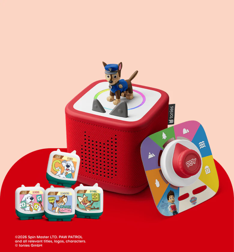 Tonieplay Game, Clever Tonies, and PAW Patrol Tonie with a red Toniebox 2
