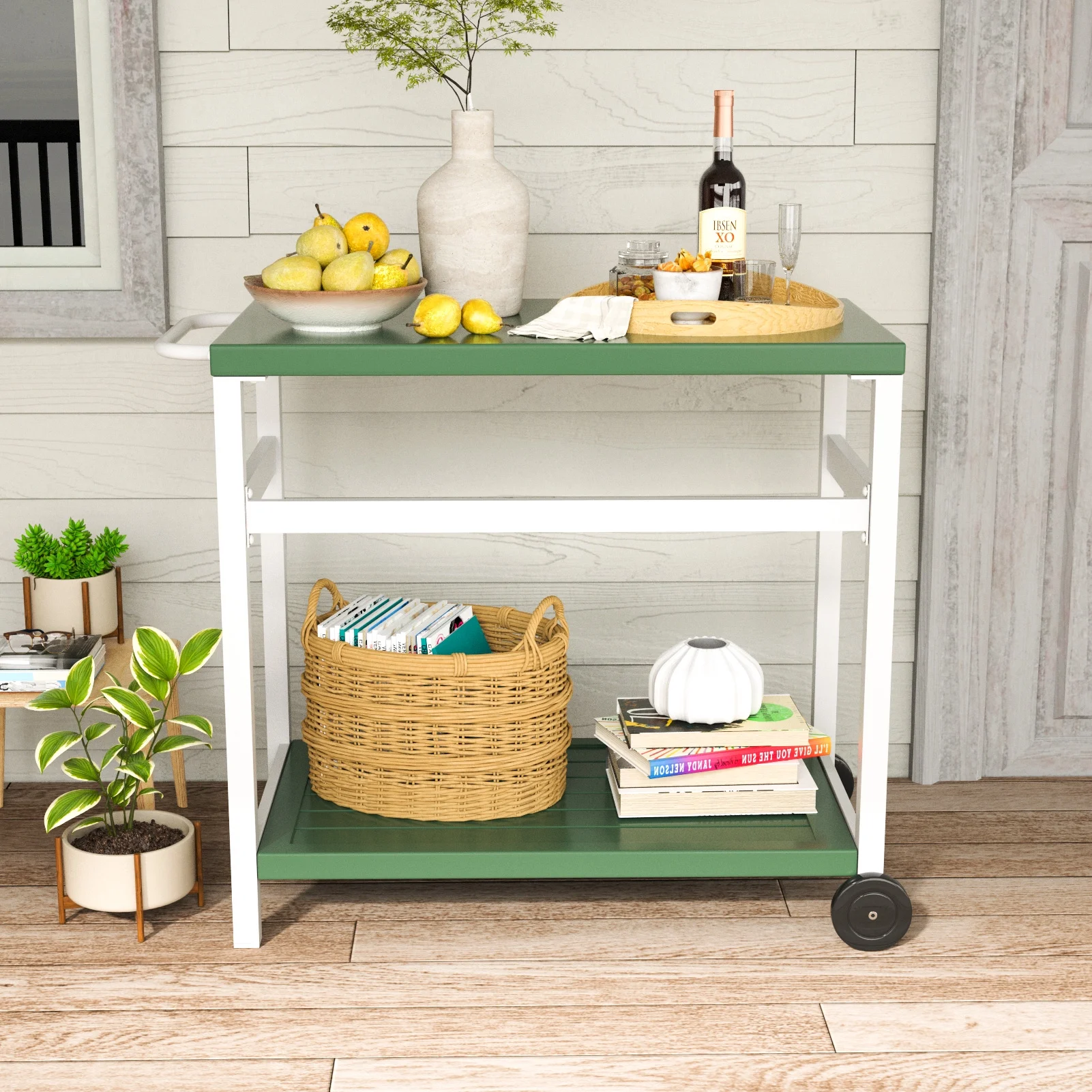 Efurden Outdoor Dining Cart Table, Movable Aluminum Grill Table with Wheels, Kitchen Cart for Backyard Garde Lawn (White Green)