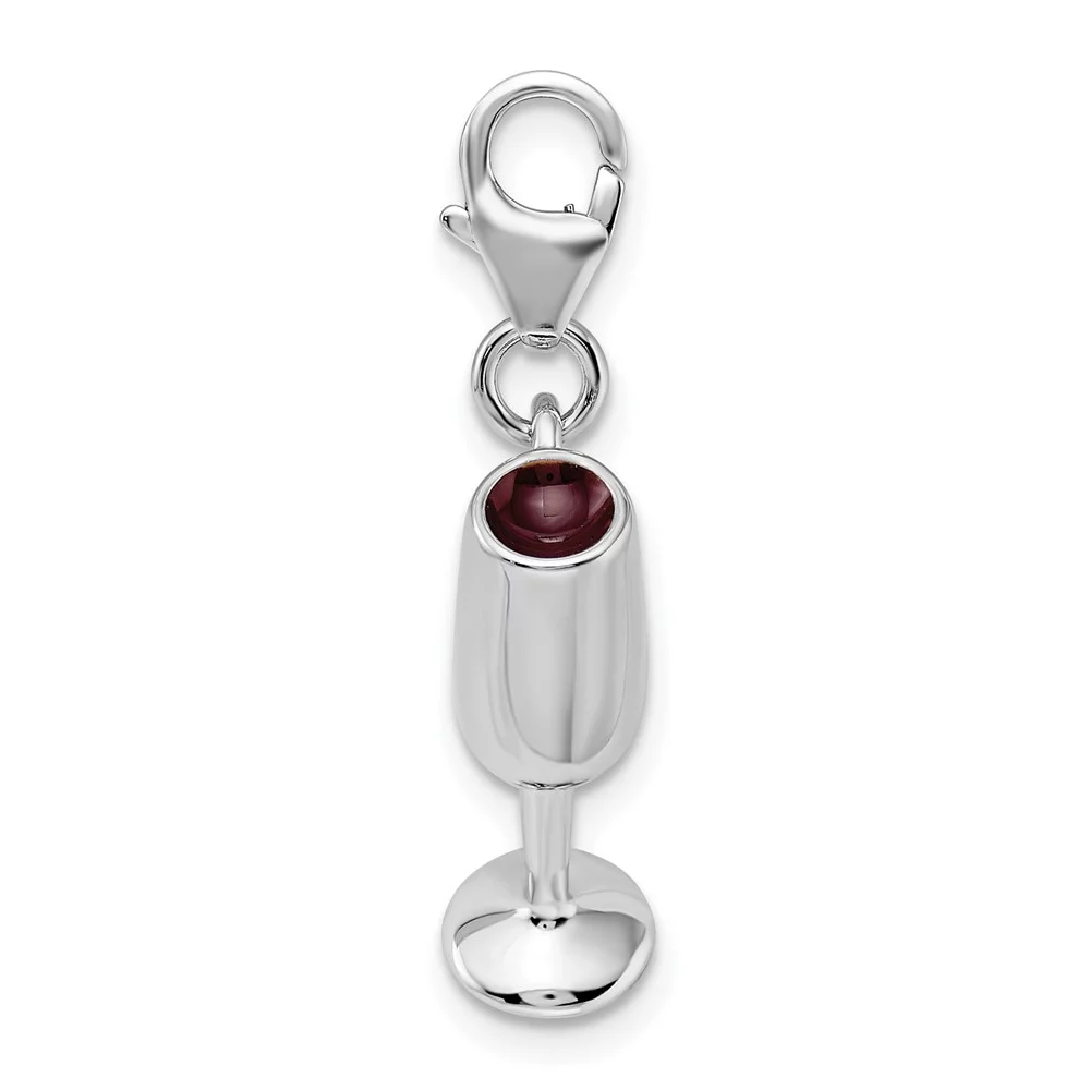 925 Sterling Silver RH 3-D Enameled Red Wine Glass With Lobster Clasp Charm Pendant; for Adults and Teens; for Women and Men