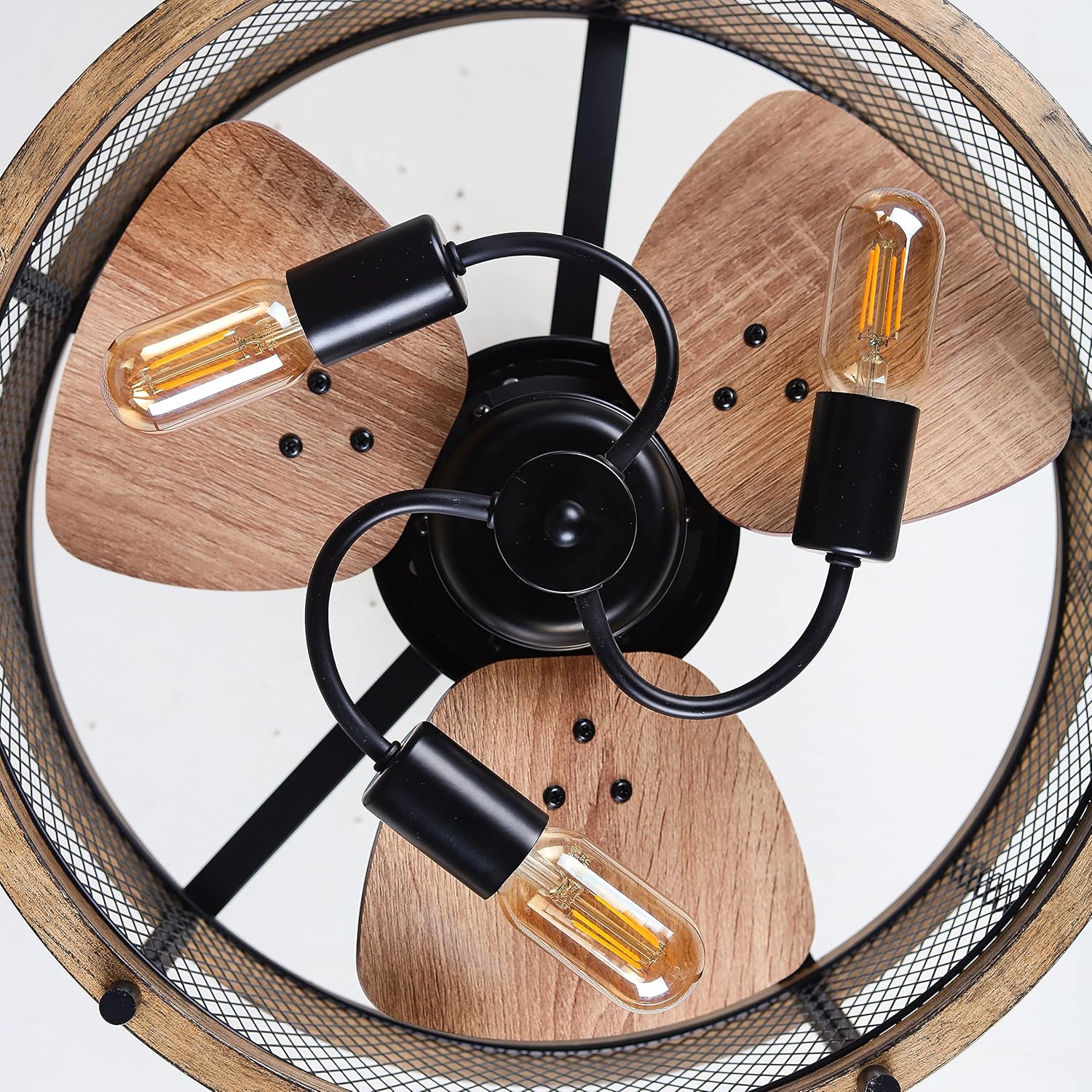 20-inch Industrial Caged Ceiling Fan with Lights Remote Control, Reversible,Modern Enclosed Bladeless Ceiling Fan Indoor, Rustic Vintage Metal Cage Fandelier Ceiling Fan (Mesh,Bulbs Included)