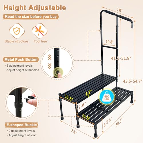Bed Step Stool with Handle Medical Bedside Stairs for High Beds Adults Stepping Stool Assist Rail Adjustable Wide Platform Step for Elderly Seniors Handicap Mobility Two Step Stool Ramp