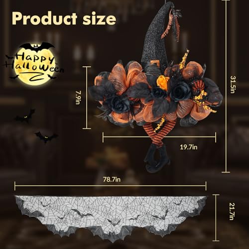 Halloween Wreath with Witch Hat, 30 Inch Large Front Door Wreath with Black Lace Spiderweb Fireplace Mantle Scarf Cover Set, Black and Orange Mesh Decor with Glitter, Roses and Striped Legs