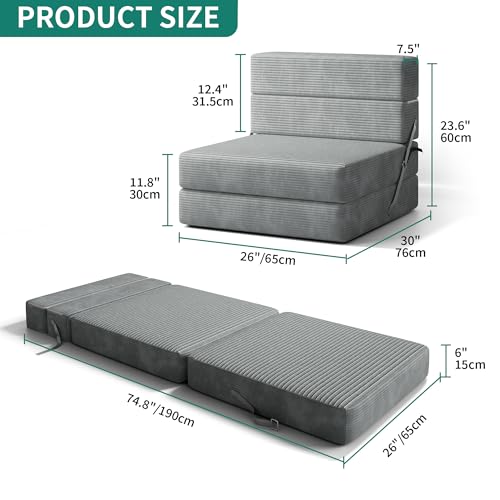 YITAHOME Convertible Folding Sofa Bed, Corduroy Fabric Fold Out Chair Bed, High-Density Memory Foam Floor Futon Couch for Living Room Bedroom Guest Use Apartment, Grey, Twin Size