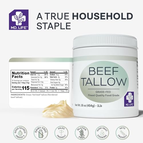 MD.LIFE BEEF TALLOW MD. Life Beef Tallow for Cooking - Food Grade Grass Fed Beef Tallow for Cooking Oil Replacement - 24 Pounds - Pasture Raised Keto Friendly Beef Tallow- Used to Make Candles & Soaps