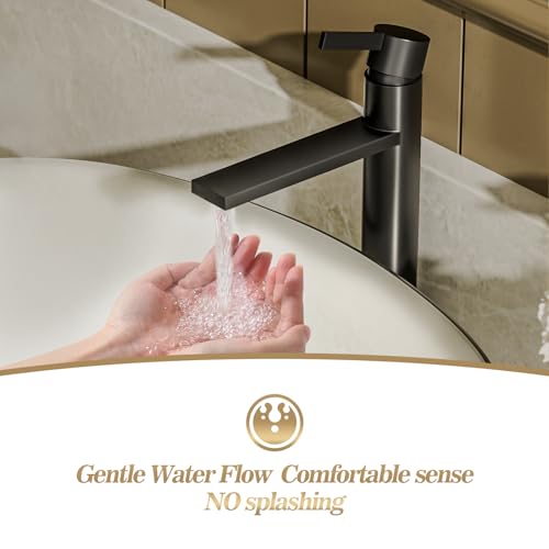 Phiestina Brushed Gold One Hole High Bathroom Vessel Sink Faucet, Single Hole Single Handle Tall Bathroom Faucet, with Pop Up Drain and Water Supply Line,FH01-BG-V