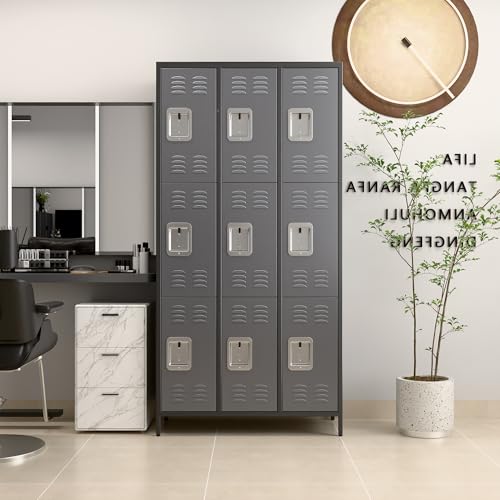 Aobabo Metal Locker with 9 Doors, Tall Steel Storage Lockers for Employees School Home Office, with Hooks, Assembly Required, Black Gray