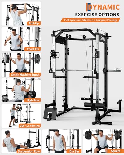 Garvee Smith Machine, 2200LBS All-in-One Squat Rack for Home Gym, Multi-Function Power Cage Cable Crossover System Strength Training Equipment, LAT Pulldown Machines, Smith Bar and More Attachments