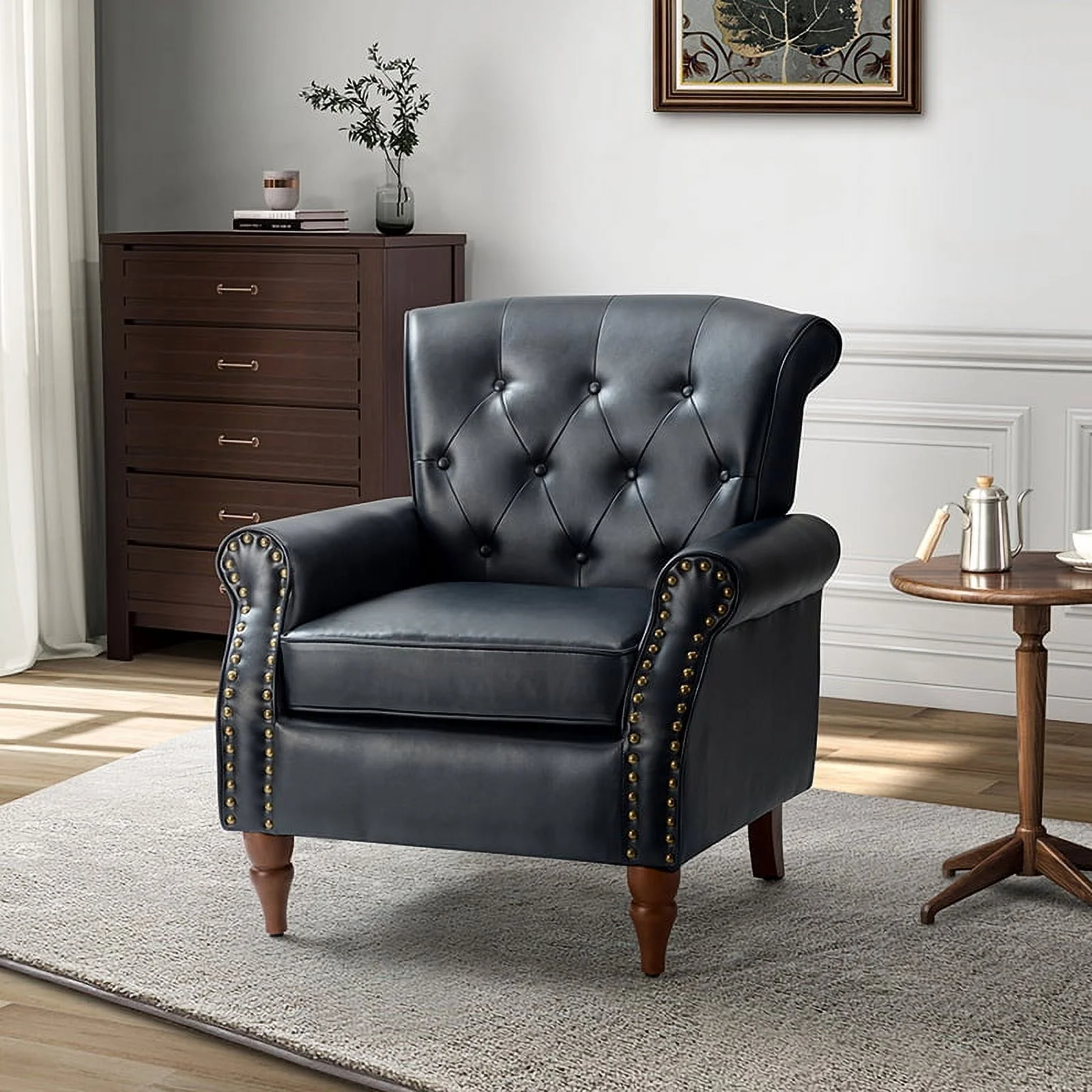 Mid-Century Accent Armchair Wingback with Wooden Tapered Legs & Upholstered Cushion for Home Living Room, Navy