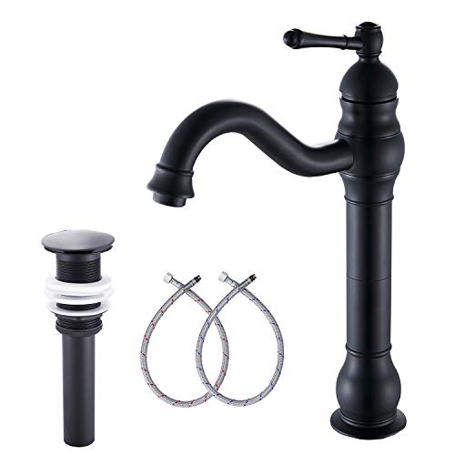 GGStudy 360° Swivel Antique Brass Bathroom Vessel Sink Faucet Single Handle One Hole Matching with Pop Up Drain