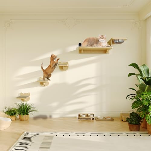 MeowHomm Cat Wall Shelves, Wood Wall Furniture with 3 Steps, Cat Feeding Shelf with 2 Food Bowls, Wooden Bed Furniture Wall Mounted