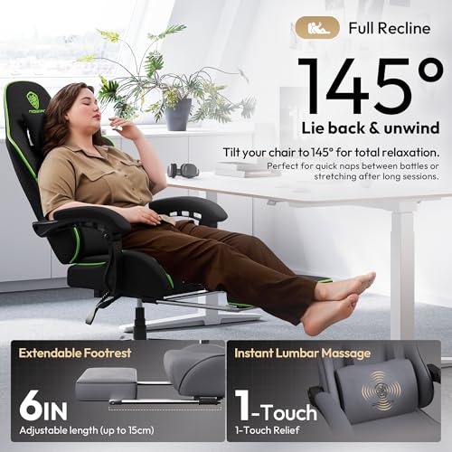 Dowinx Gaming Chair Fabric with Pocket Spring Cushion, Massage Game Chair Cloth with Headrest, Ergonomic Computer Chair with Footrest 290LBS, Black Green