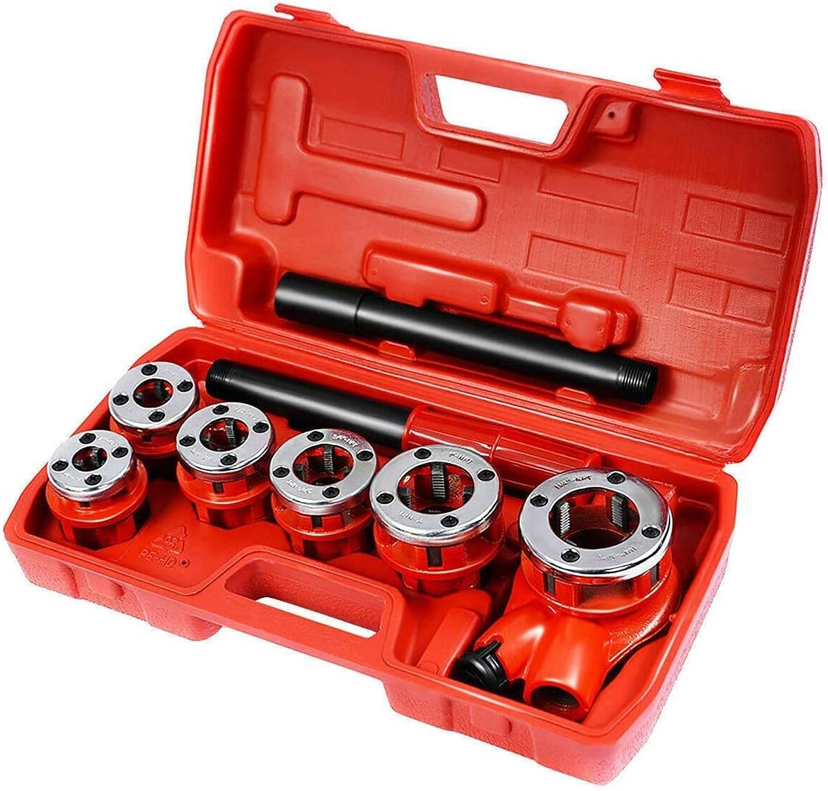 bimiti Ratchet Pipe Threader Kit Ratcheting Pipe Threading Tool Set w/ 6 Dies- 1/4, 3/8, 1/2, 3/4, 1, 1-1/4 and Storage Case