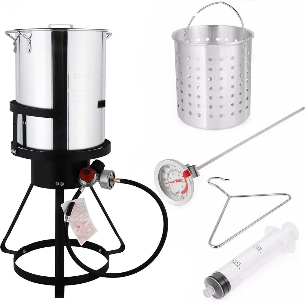 Oufan 30QT Turkey Deep Fryer 37,000BTU Fish Fryer Pot Combo Boiler Steamer Roaster Clam Crawfish Pot Boiling Lid Seafood Cajun Gas Stove Burner Stand Injector