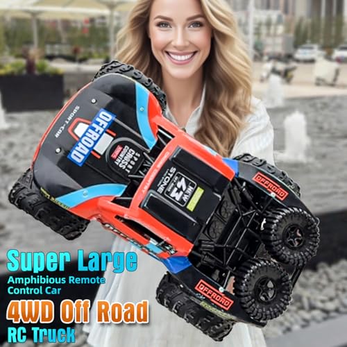 Monster Truck Toys, 2.4G Amphibious Remote Control Car for Boys, 1:16 Scale All-Terrain Rc Car with Double-Sided Driving, 4WD, 2 Rechargeable Batteries, for Boys & Adults-Blue