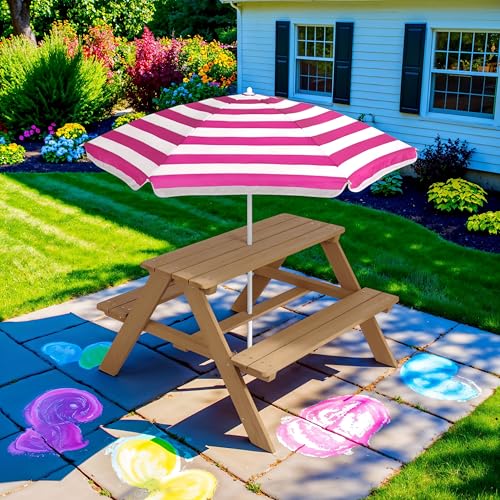 Best Choice Products Kids Wooden Picnic Table, Outdoor Activity & Dining Table w/Adjustable Collapsible Umbrella, Built-in Seats - Golden Brown/Navy