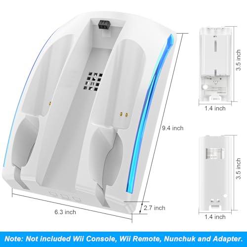 Game Organizer Station for Wii Remote Charger, Charging Dock Station for Controller, Wii Stand with 2 Pcs Rechargeable Battery for Wii Console Nunchuk Game Accessories Kit Storage
