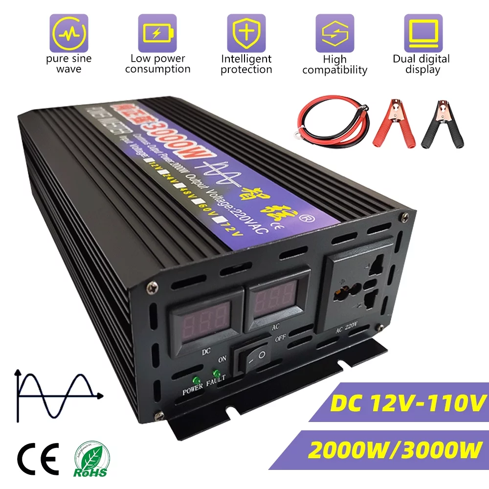 MDHAND 2000 Watts Pure Sine Wave Power Inverter DC 12V to AC 110V Car Converter Charger Adapter USB with LED Display for Car RV Boat Solar Power System-ZX-2000W