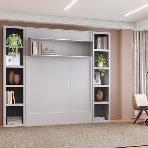 Oakland Living Easy-Lift Queen Murphy Wall Bed in Brown Wood Grain with Two Bookshelves