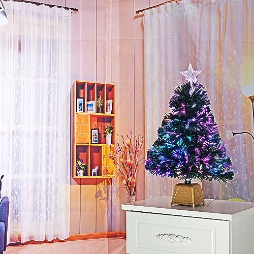 24inch Green Fiber Optic Christmas Tree,Pre-Lit Artificial Mini Christmas Tree, Tabletop Small Xmas Tree with Stars Holiday Home Decorations