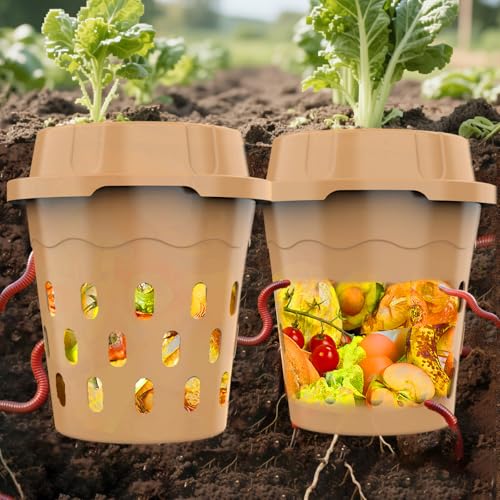 2-Pack InGround Compost Bin for Garden Beds, 8L Worm Composter Farm for Faster Composting, Worm Composter Kit with Aeration, Animal-Proof Lid for Beginners (9.5x9.5x10.8Inch) (4, Green)