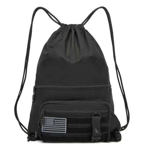 seyfocnia Drawstring Backpack Tactical String Bag with Zipper Pockets Waterproof Cinch Bag Sport Gym Sackpack - Black