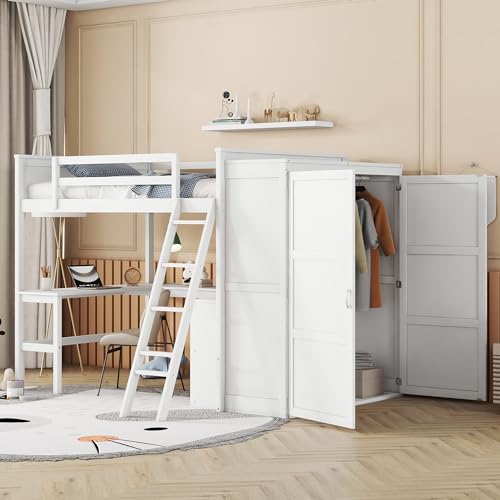 SOFTSEA Twin Size Loft Bed with Built in Desk & Wardrobe, Solid Wood Loft Bed with Storage Cabinet, High Loft Bed Frame with Large Wardrobe for Kids Teens Adults, Grey