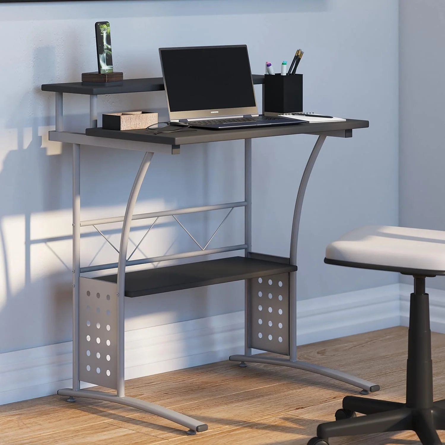Small Computer Desk - Black Finish - Silver Steel Frame - 28 Inches Wide - Raised Monitor Platform - Lower Storage Shelf