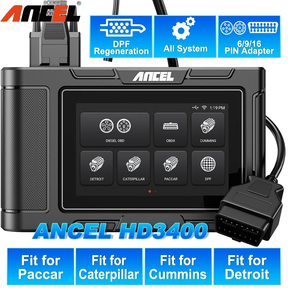 ANCEL HD3400 Diesel Truck Scanner Heavy Duty Truck Diagnostic Tool DPF Regen All Systems Scanner HD OBD Scanner Truck Code Reader for Cummins Engine,Freightliner,Peterbilt,Kenworth,Bobcat,Volvo,Mack