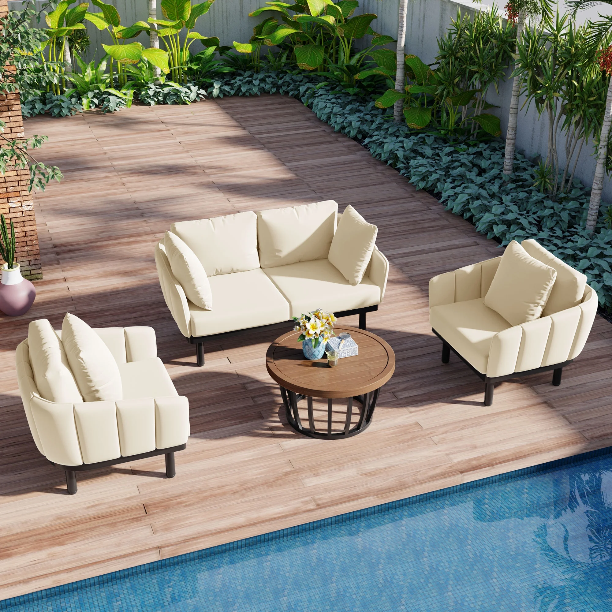 Highsound Luxury 4-Piece Outdoor Conversation Sofa Set, Patio Iron Frame Chat Couch Set with Acacia Wood Round Coffee Table, Loveseat+Arm Chairs Seating Group for Backyard, Deck, Poolside, Gray
