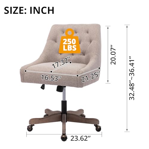 Swivel Office Chair, Modern Tufted Linen Upholstered Swivel Task Chair with Wood Base and Wheels, Height Adjustable Work Chair Leisure Shell Vanity Chair for Bedroom Living Room, Beige