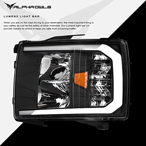 Alpha Owls 8712252 Crystal Headlights With Switchback Sequential LED Light Bar & Startup Light - Black Amber Fits 2007-2013 Chevy Silverado 1500/2007-2014 2500 3500 HD Halogen Models
