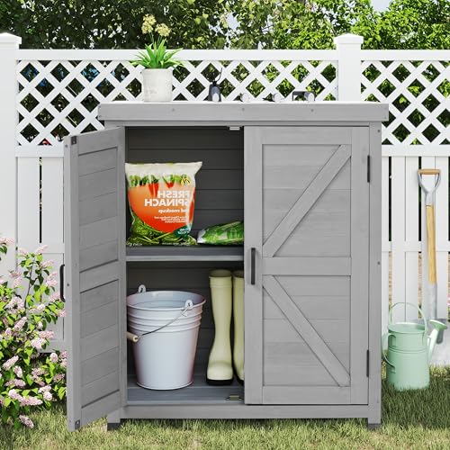 Outdoor Storage Cabinet & Potting Bench Table with Metal Top (Light Brwon, 39x31.5x17in)