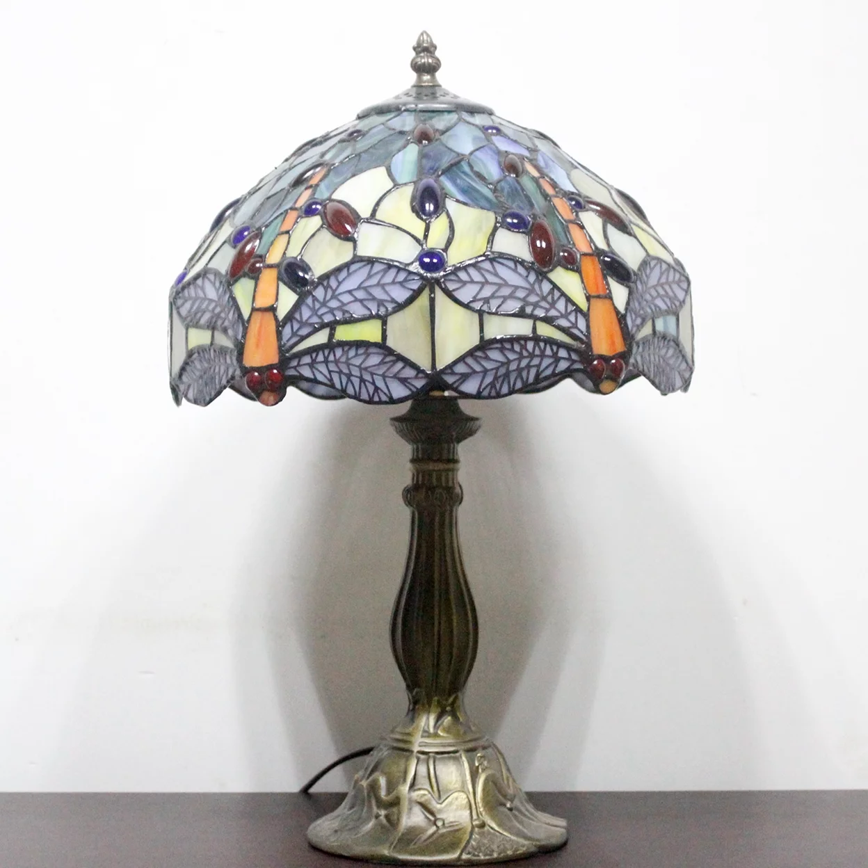 Tiffany Lamp Table Bedside Lamp Sea Blue Yellow Stained Glass Dragonfly Style Antique Nautical Reading Desk Light 18
