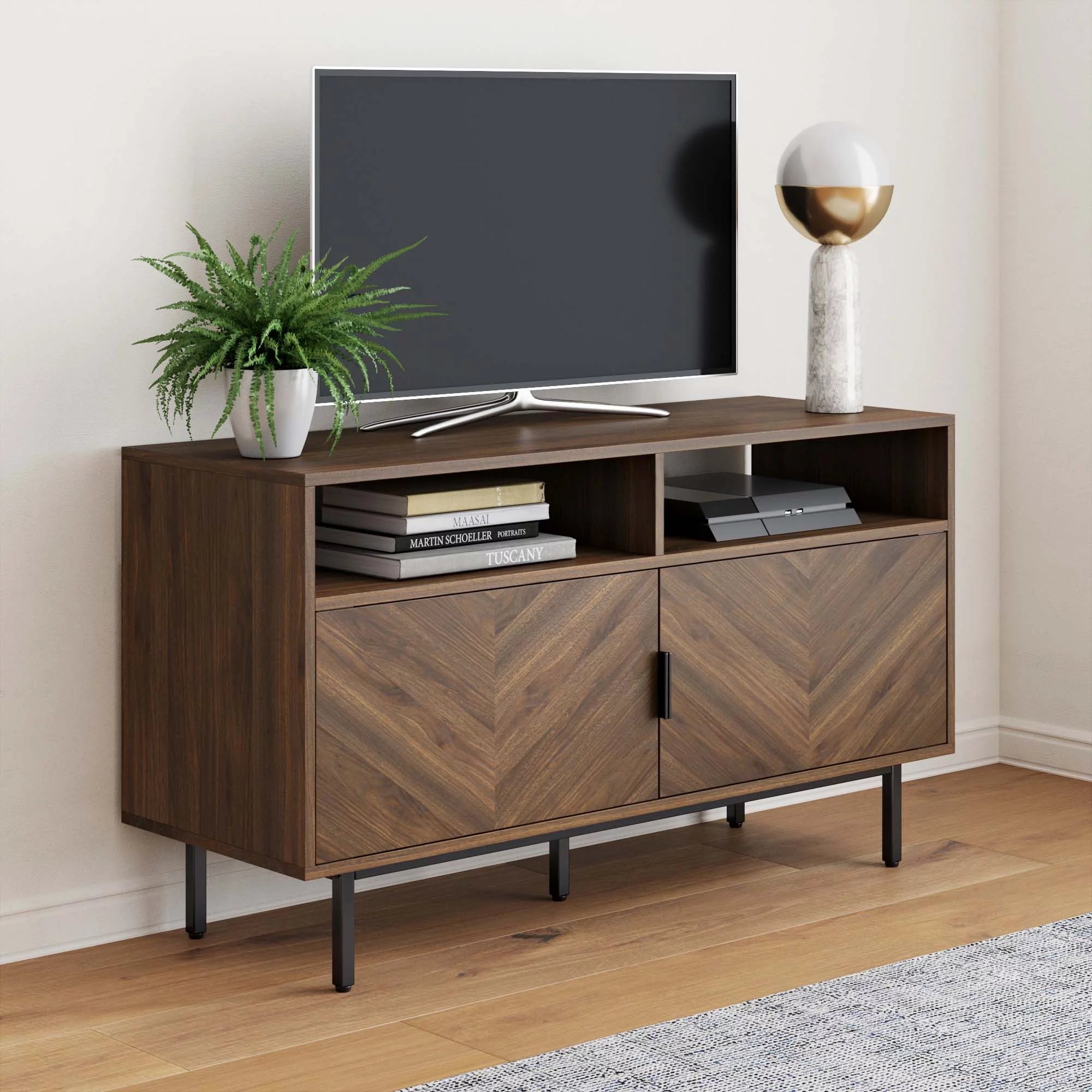 Nathan James Izsak Walnut Media Console, TV Stand Cabinet with Storage for Living Room, Dining Room or Entryway